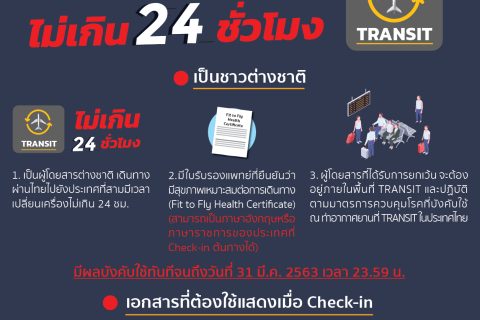 CAAT News 3/2563 : CAAT ยกเว้นพิเศษให้ผู้โดยสารต่างชาติ Transit มาไทยไม่เกิน 24 ชั่วโมง ใช้ Fit to Fly ใบเดียว