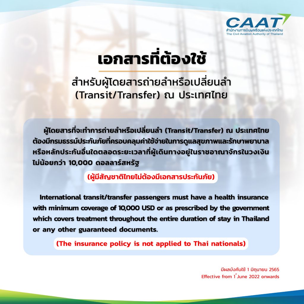 เอกสารที่ต้องใช้สำหรับผู้โดยสารถ่ายลำหรือเปลี่ยนลำ (Transit/Transfer) Required document for Transit/Transfer passenger in Thailand