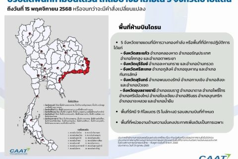 CAAT NEWS 23/2568 CAAT ออกประกาศฉบับที่ 9 ห้ามบินโดรนในบางอำเภอพื้นที่ 5 จังหวัดชายแดน ถึงวันที่ 15 พ.ย. 68