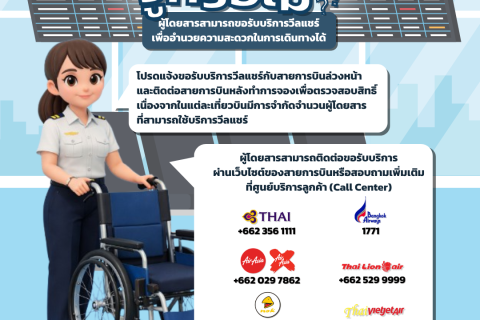 รู้หรือไม่? ผู้โดยสารสามารถขอรับบริการวีลแชร์เพื่ออำนวยความสะดวกในการเดินทางได้ และขอความกรุณาแจ้งความประสงค์ขอรับบริการวีลแชร์กับสายการบินล่วงหน้า